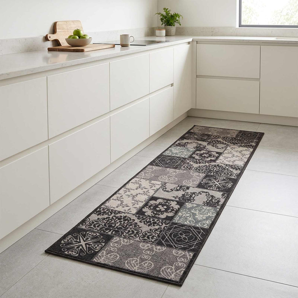 vidaXL Dywan kuchenny czarna mozaika 150 x 45 cm 100% poliamid