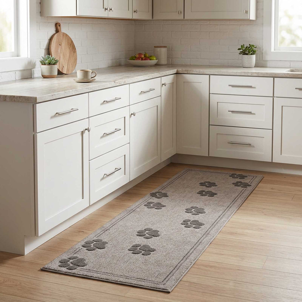 vidaXL Dywan kuchenny Szare łapki 150 x 45 cm 100% poliamid Można prać