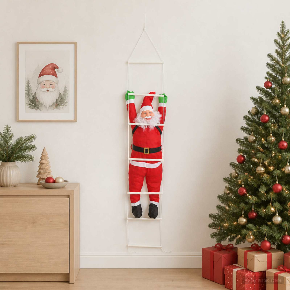 vidaXL Wiszący Mikołaj na drabinie czerwony 30 x 15 x 170 cm Poliester