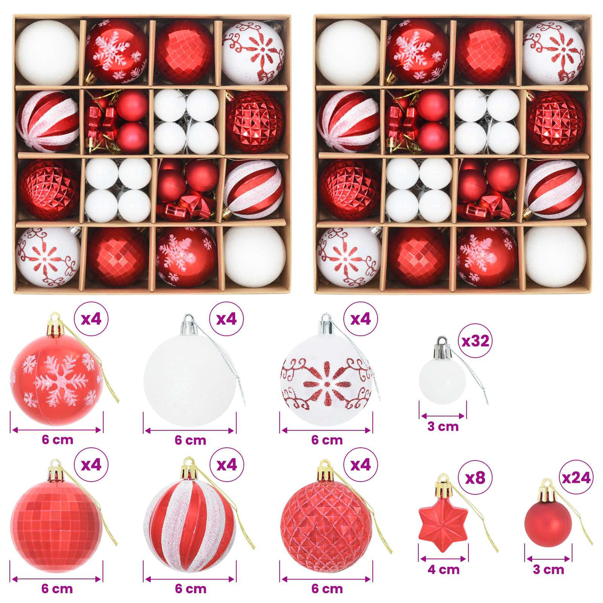 vidaXL Zestaw bombek bożonarodzeniowych 88 szt. Czerwony i Biały