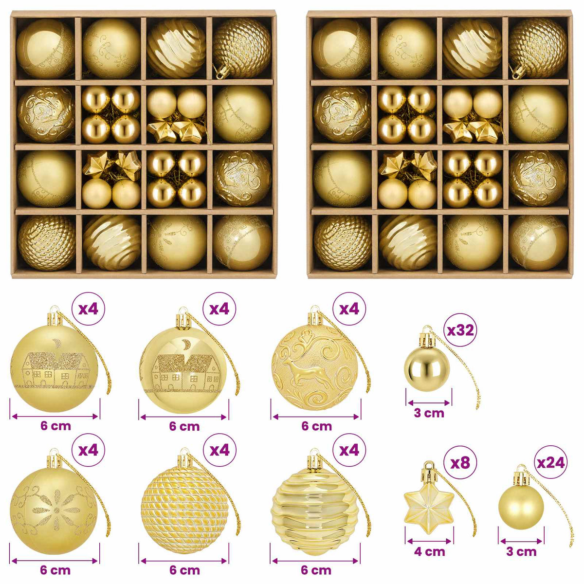 vidaXL Zestaw bombek bożonarodzeniowych 88 szt. złoty Ø 6 cm