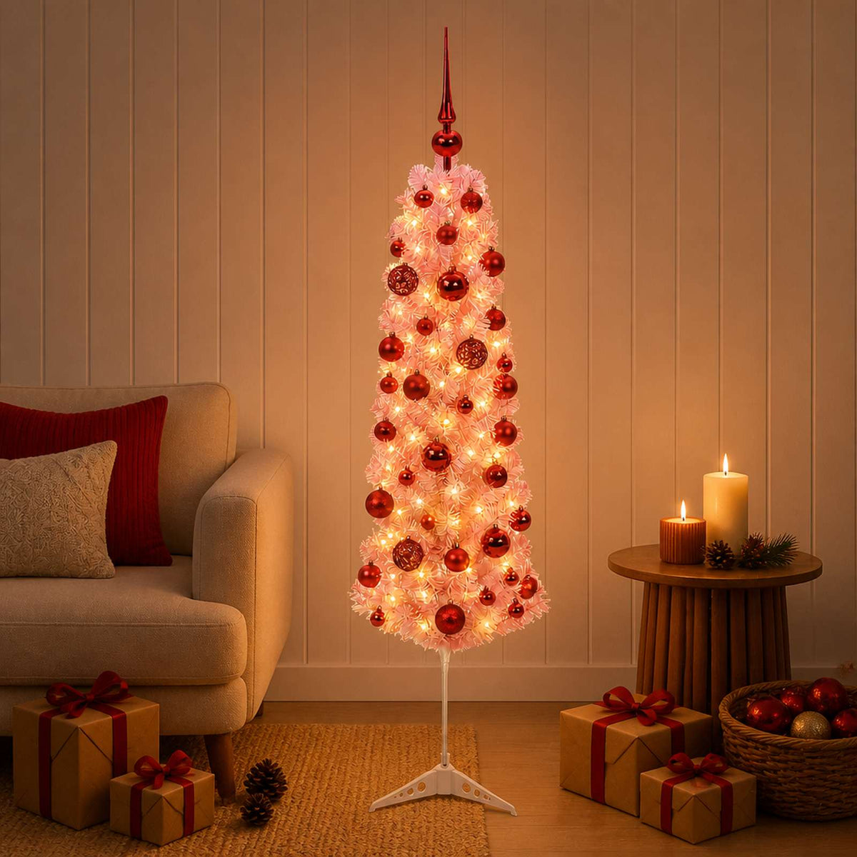 vidaXL Sztuczna wąska choinka z bombkami 150 cm 150 LED Ciepła biel