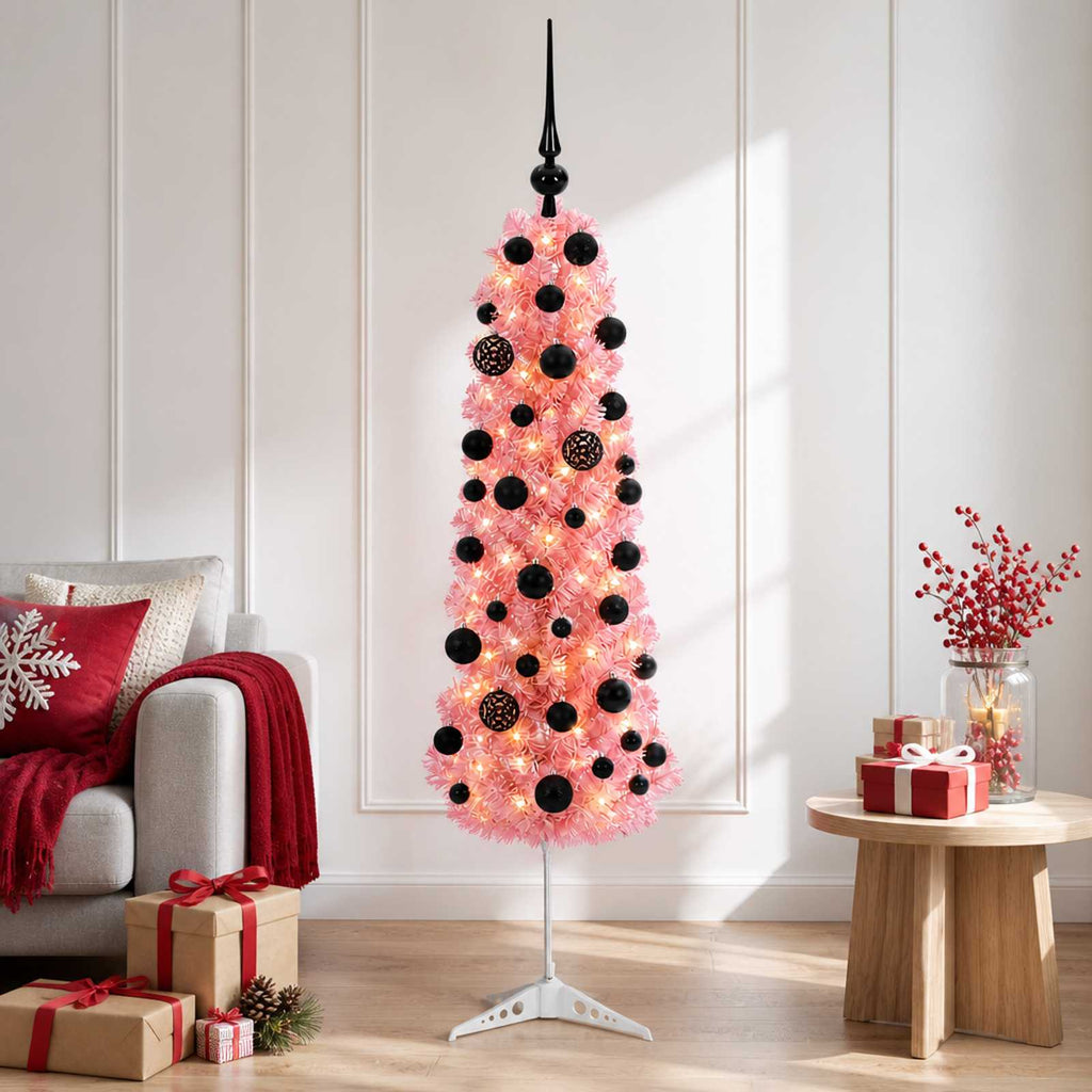 vidaXL Sztuczna wąska choinka z bombkami 150 cm 150 LED Ciepła biel