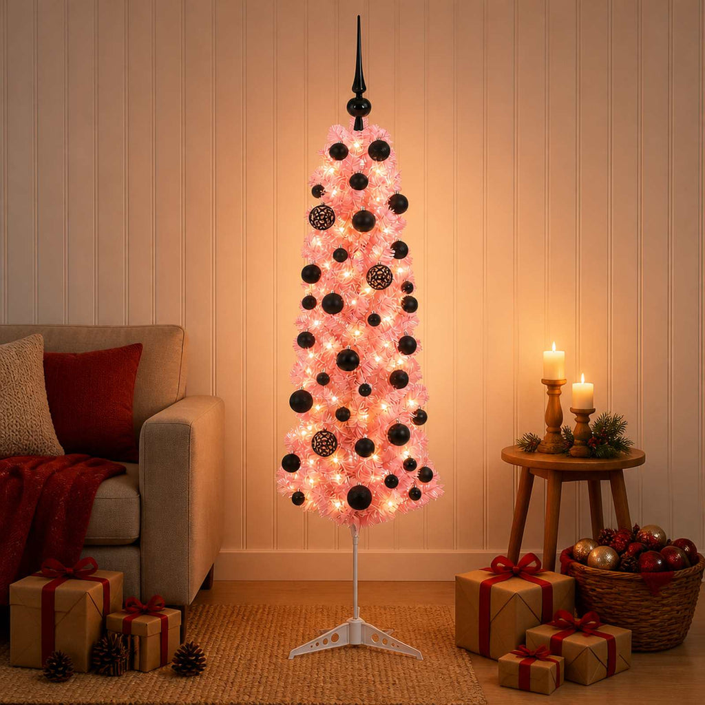 vidaXL Sztuczna wąska choinka z bombkami 150 cm 150 LED Ciepła biel