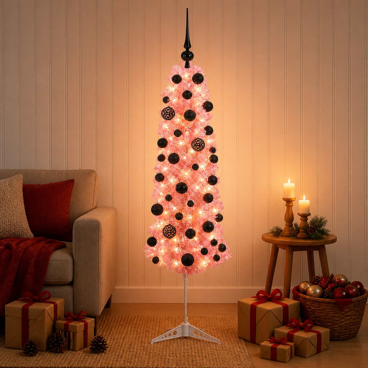 vidaXL Sztuczna wąska choinka z bombkami 150 cm 150 LED Ciepła biel