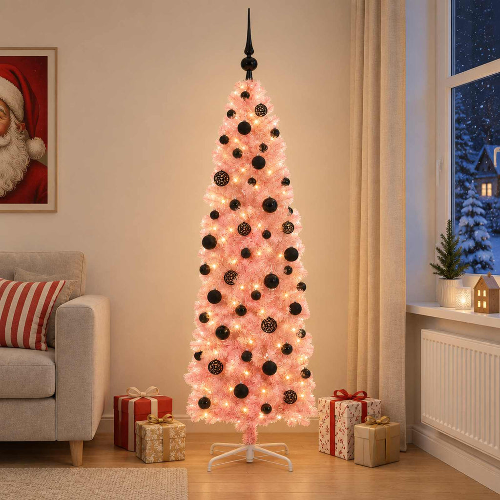 vidaXL Wąska sztuczna choinka z bombkami 180 cm 300 LED Ciepła biel