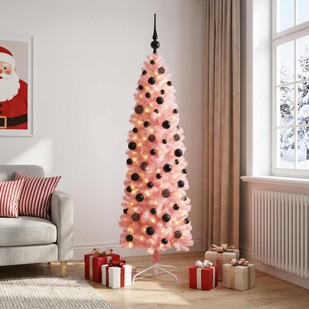 vidaXL Wąska sztuczna choinka z bombkami 180 cm 300 LED Ciepła biel