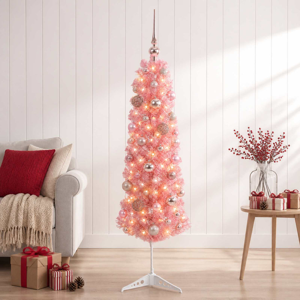 vidaXL Sztuczna wąska choinka z bombkami 150 cm 150 LED Ciepła biel