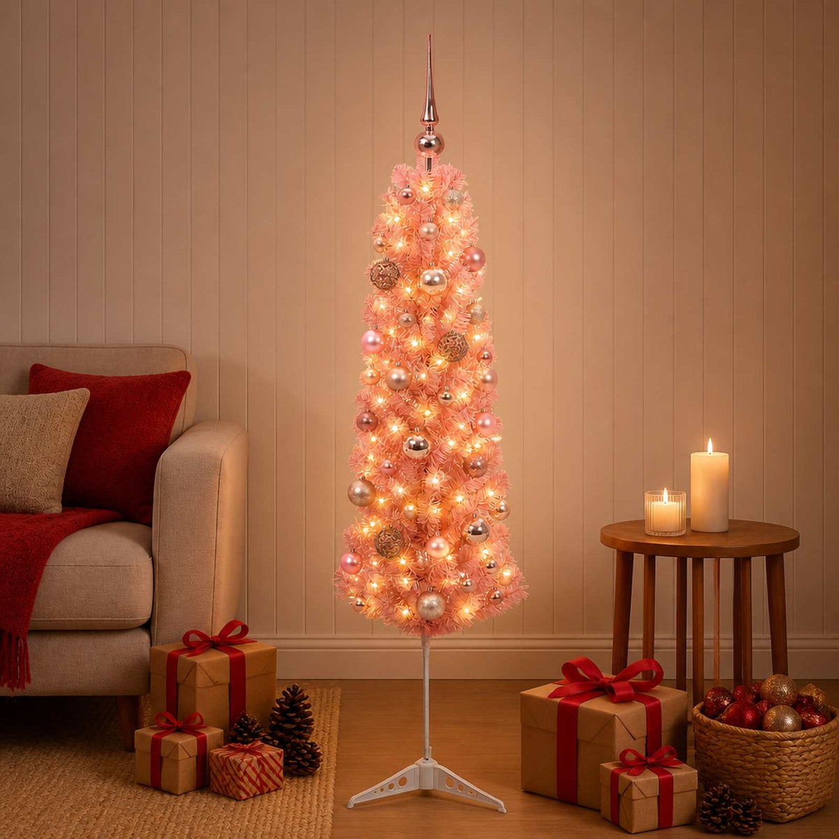 vidaXL Sztuczna wąska choinka z bombkami 150 cm 150 LED Ciepła biel