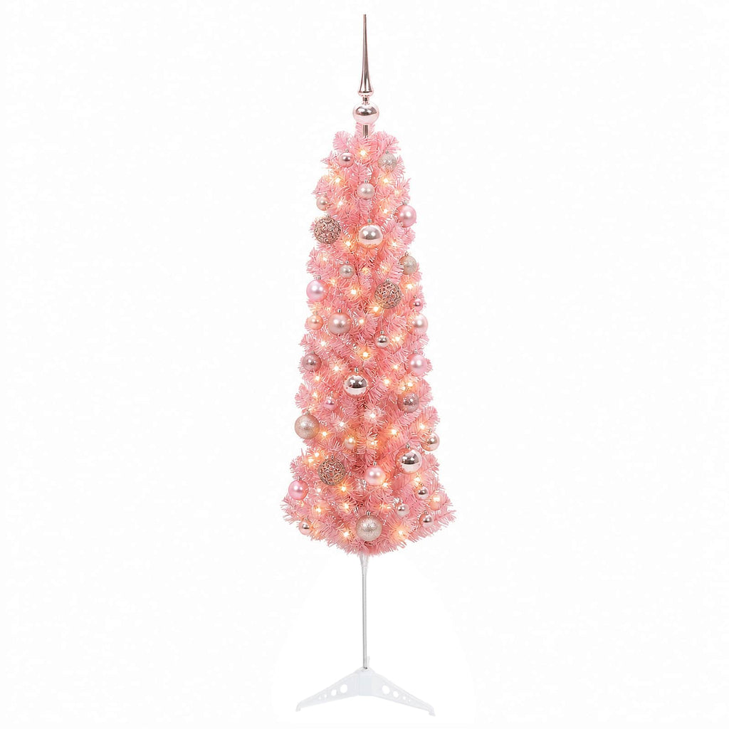 vidaXL Sztuczna wąska choinka z bombkami 150 cm 150 LED Ciepła biel