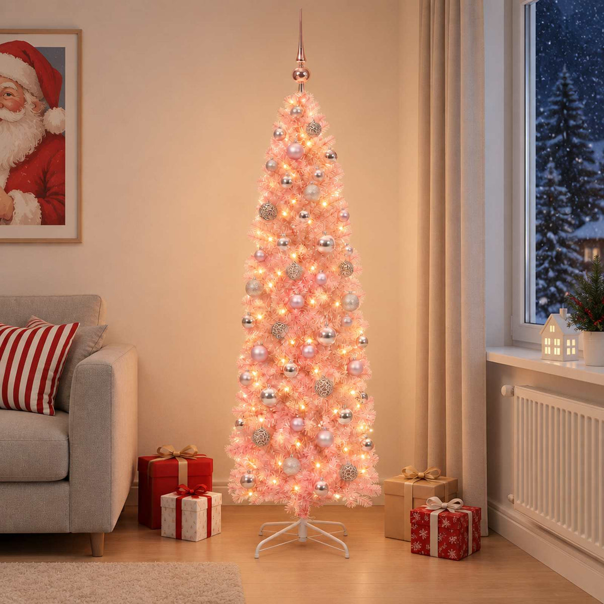 vidaXL Wąska sztuczna choinka z bombkami 180 cm 300 LED Ciepła biel