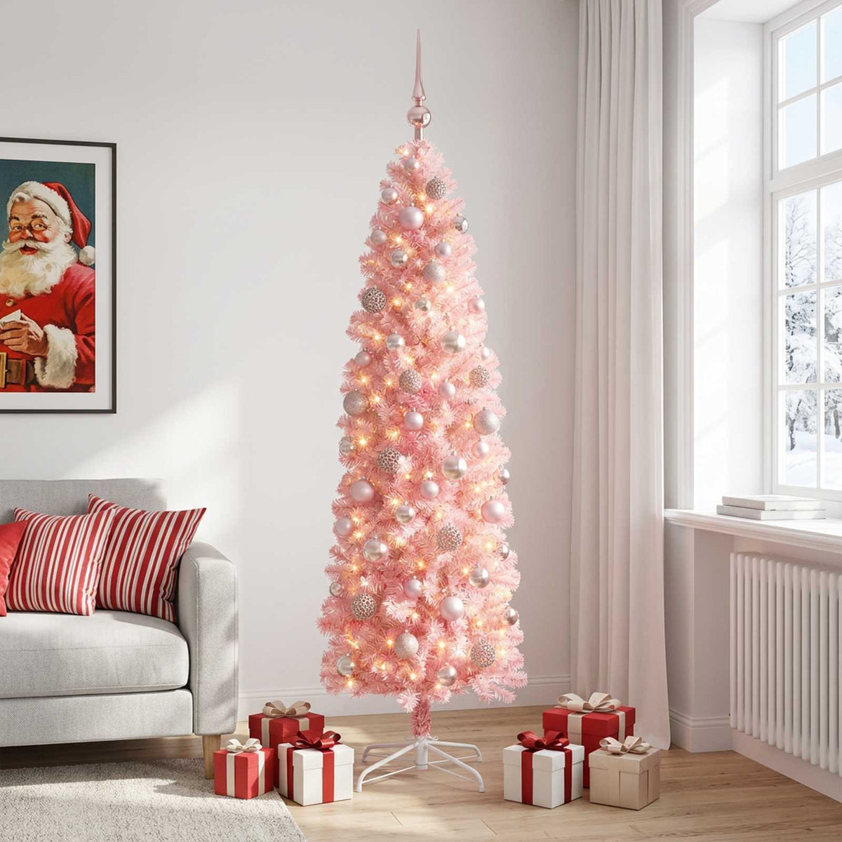 vidaXL Wąska sztuczna choinka z bombkami 180 cm 300 LED Ciepła biel