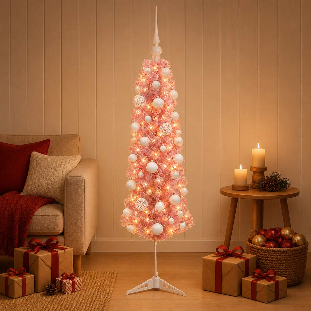 vidaXL Sztuczna wąska choinka z bombkami 150 cm 150 LED Ciepła biel