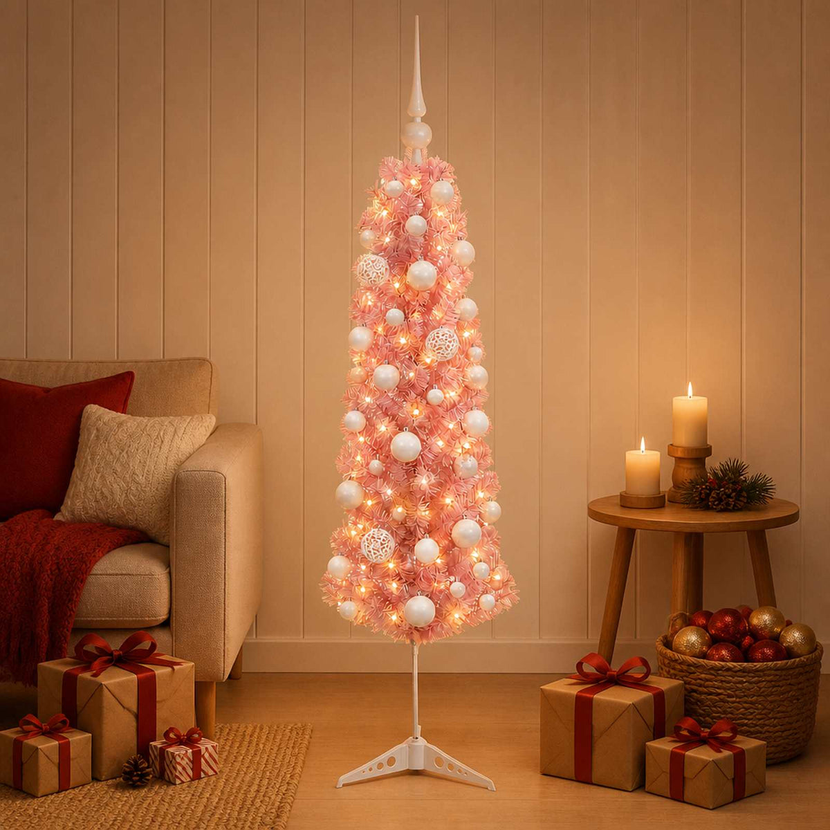 vidaXL Sztuczna wąska choinka z bombkami 150 cm 150 LED Ciepła biel