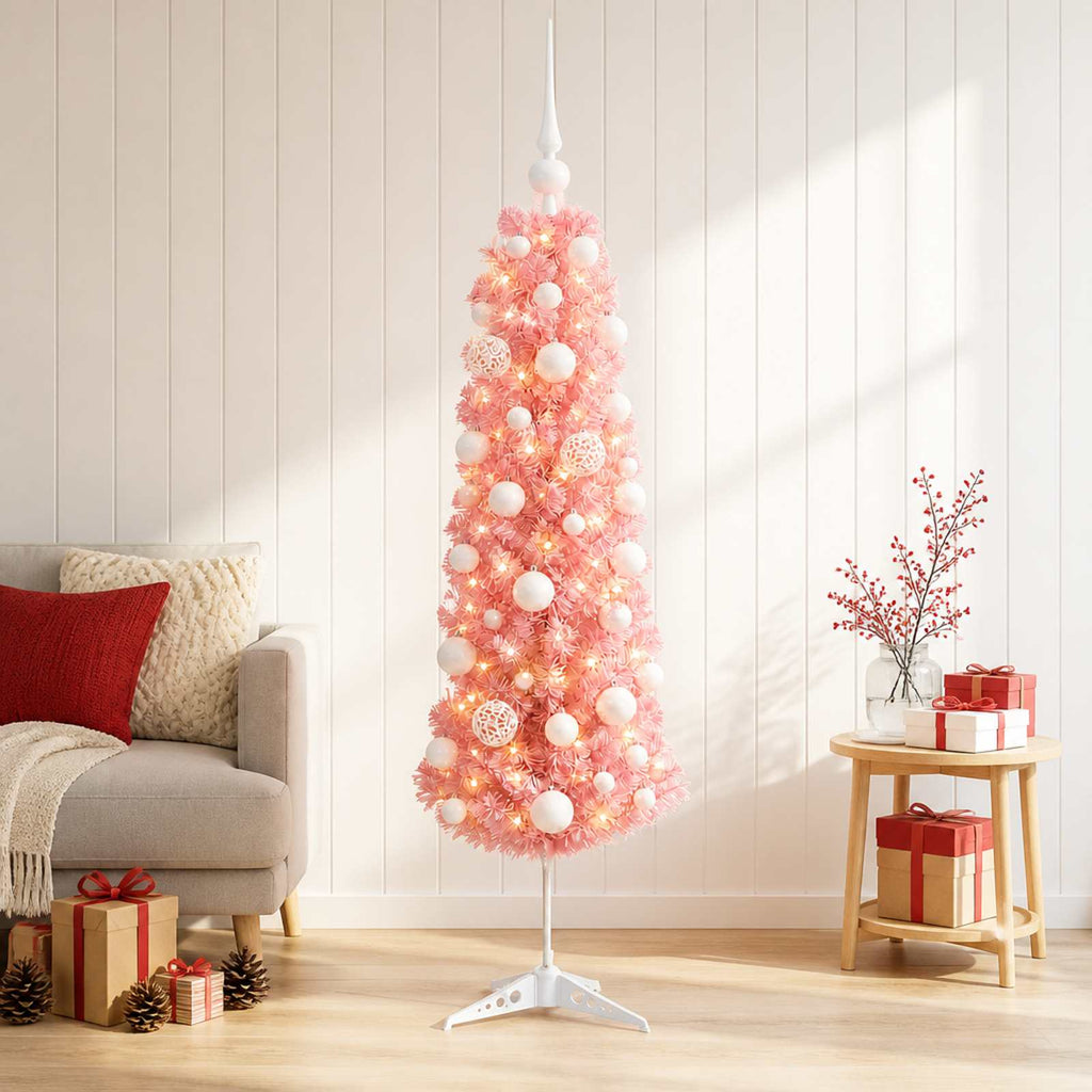 vidaXL Sztuczna wąska choinka z bombkami 150 cm 150 LED Ciepła biel
