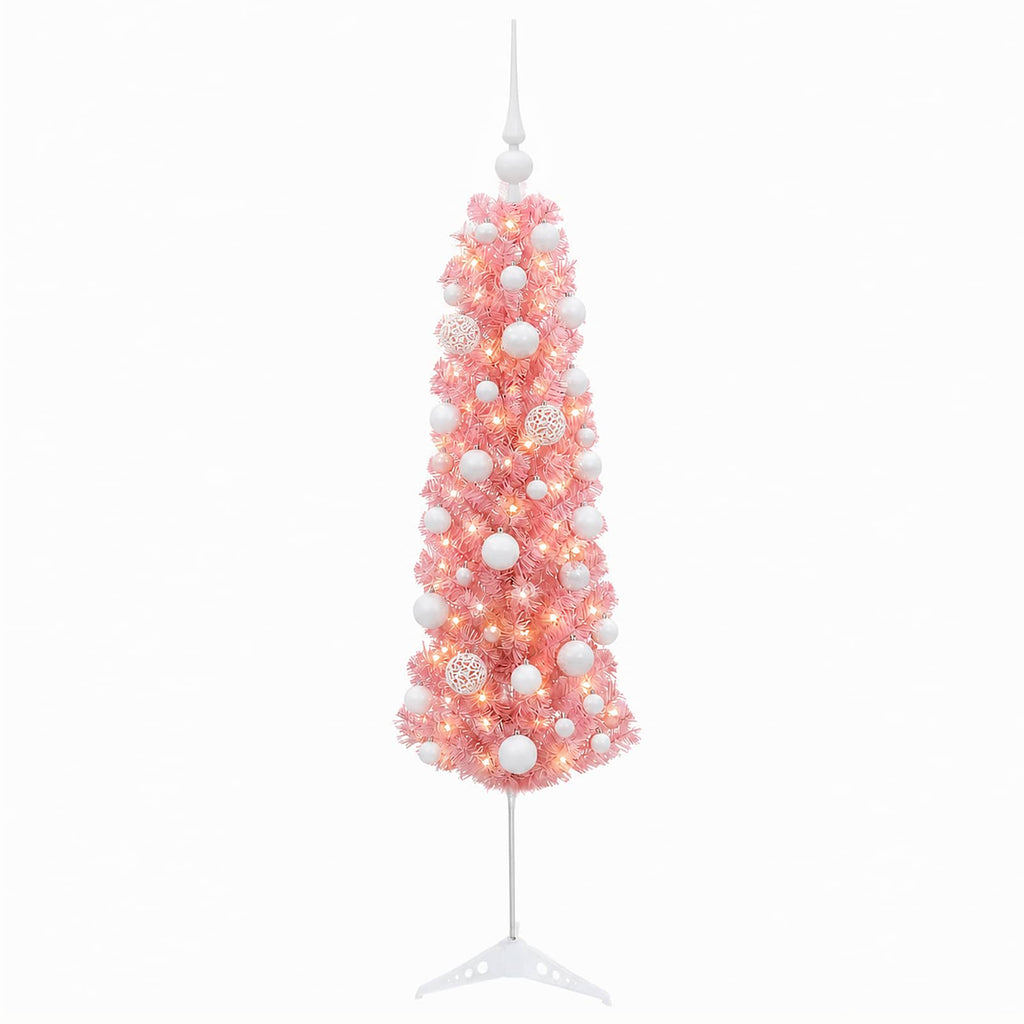 vidaXL Sztuczna wąska choinka z bombkami 150 cm 150 LED Ciepła biel
