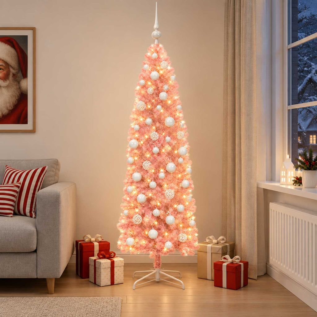 vidaXL Sztuczna wąska choinka z bombkami 180 cm 300 LED Ciepła biel