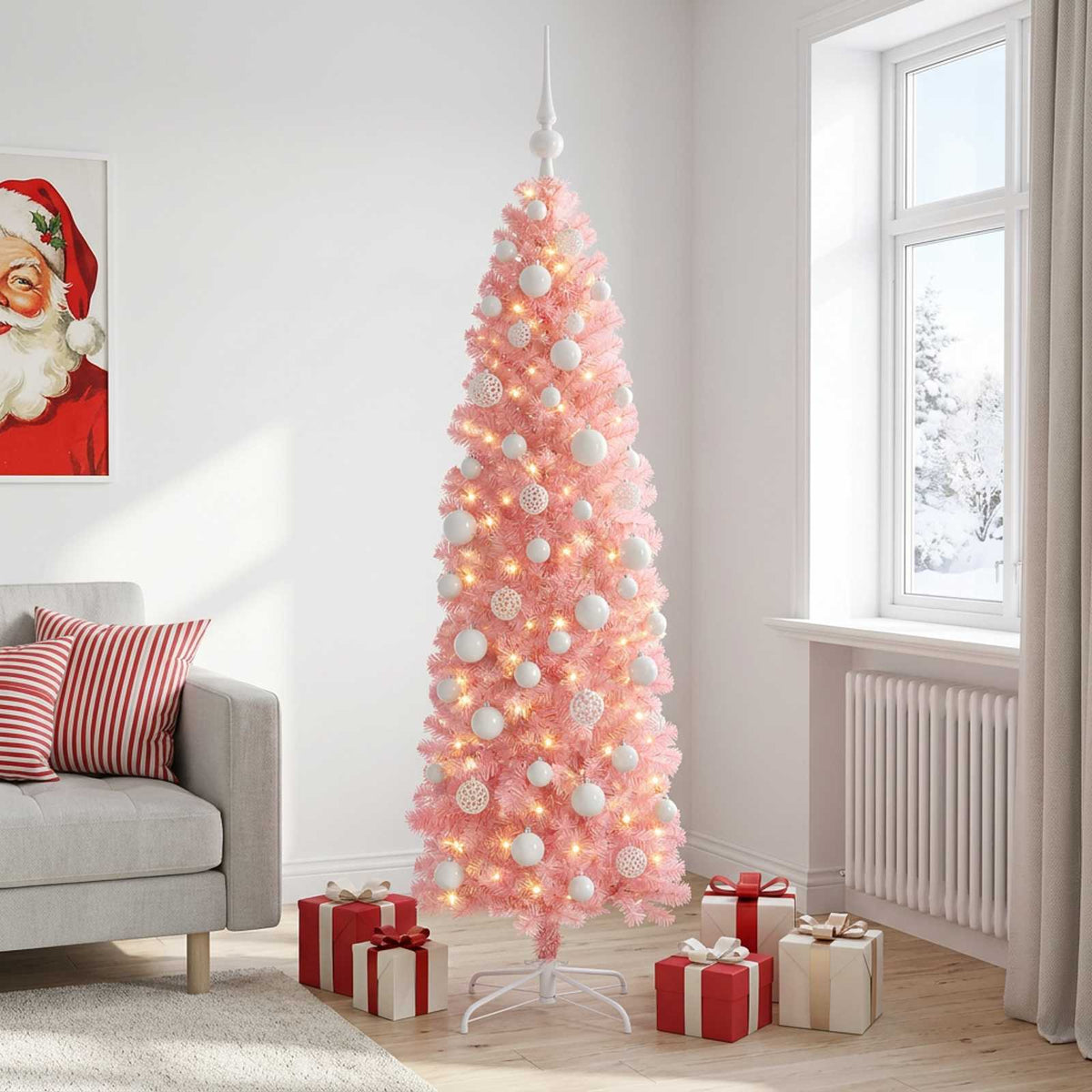 vidaXL Sztuczna wąska choinka z bombkami 180 cm 300 LED Ciepła biel