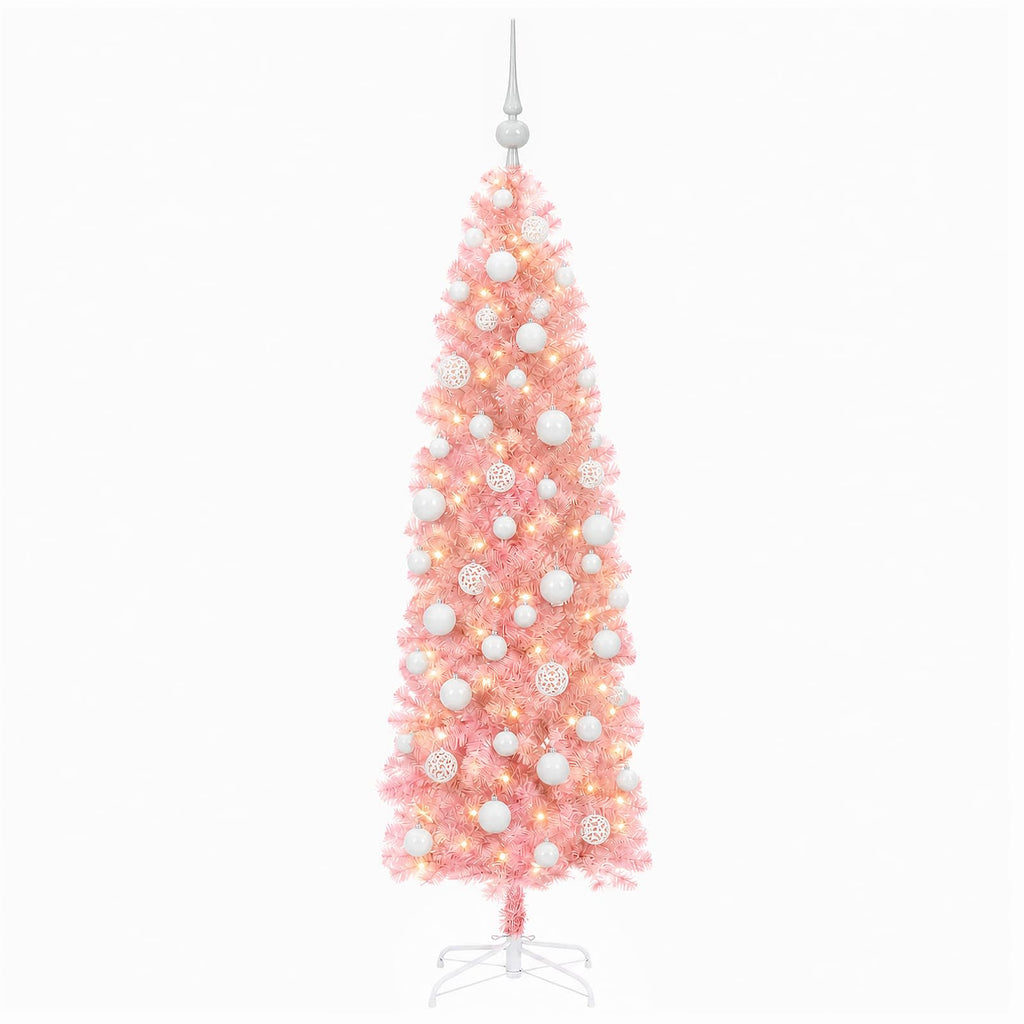 vidaXL Sztuczna wąska choinka z bombkami 180 cm 300 LED Ciepła biel