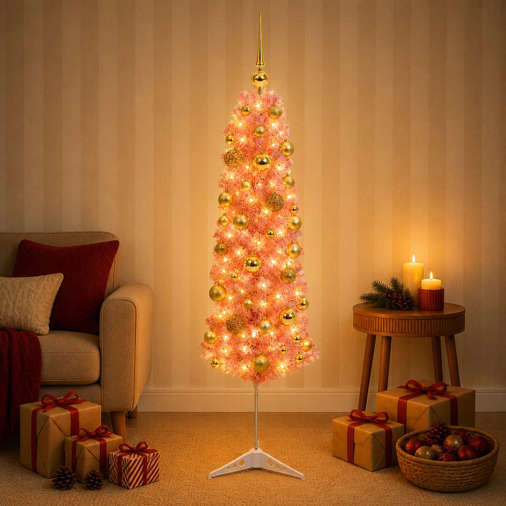 vidaXL Sztuczna wąska choinka z bombkami 150 cm 150 LED Ciepła biel