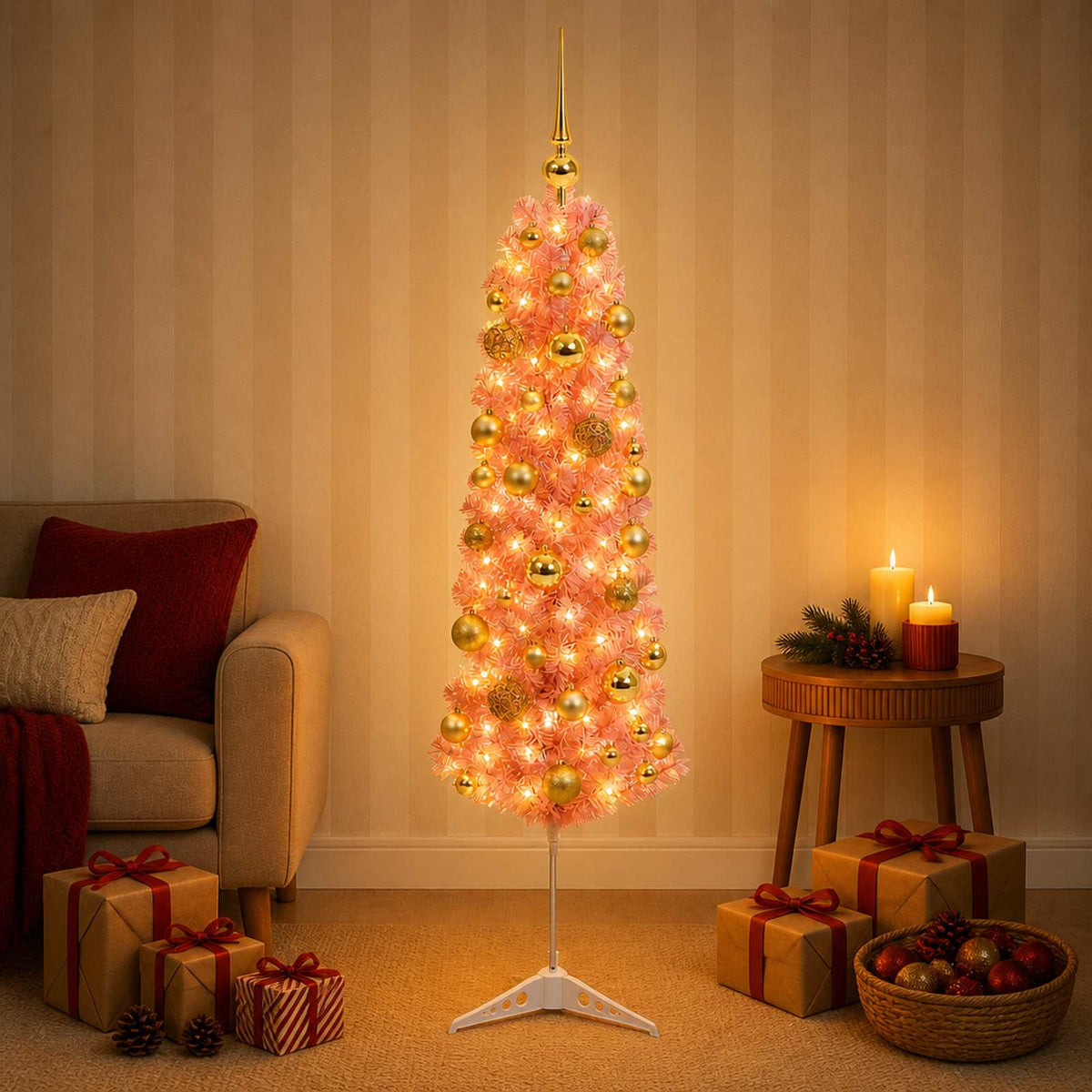 vidaXL Sztuczna wąska choinka z bombkami 150 cm 150 LED Ciepła biel