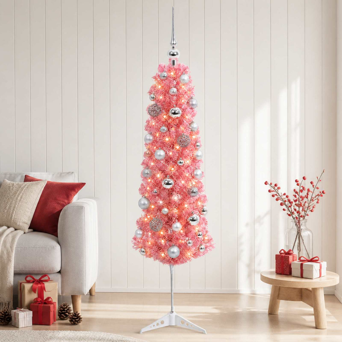 vidaXL Sztuczna wąska choinka z bombkami 150 cm 150 LED Ciepła biel
