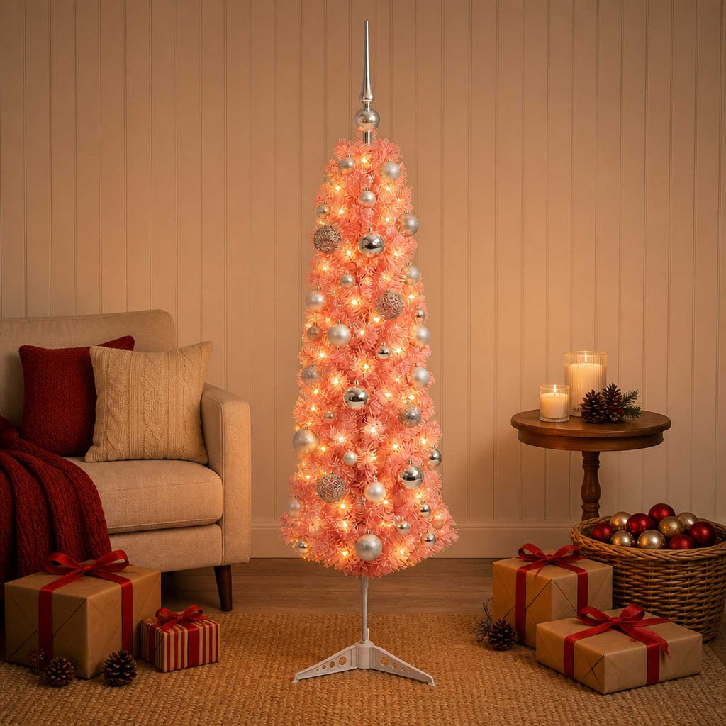 vidaXL Sztuczna wąska choinka z bombkami 150 cm 150 LED Ciepła biel