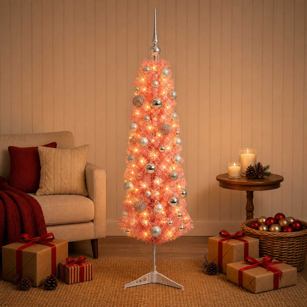 vidaXL Sztuczna wąska choinka z bombkami 150 cm 150 LED Ciepła biel