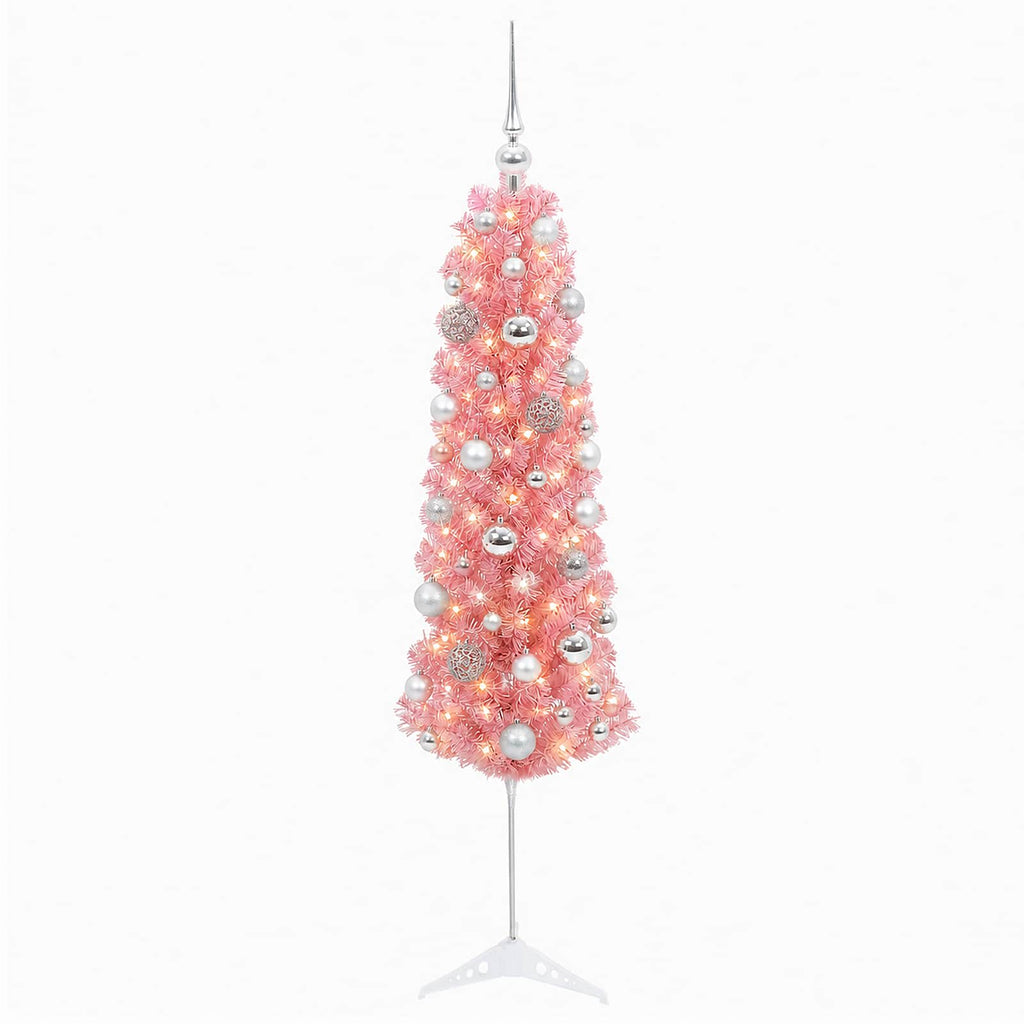 vidaXL Sztuczna wąska choinka z bombkami 150 cm 150 LED Ciepła biel