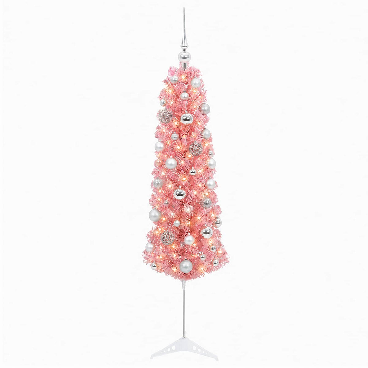 vidaXL Sztuczna wąska choinka z bombkami 150 cm 150 LED Ciepła biel