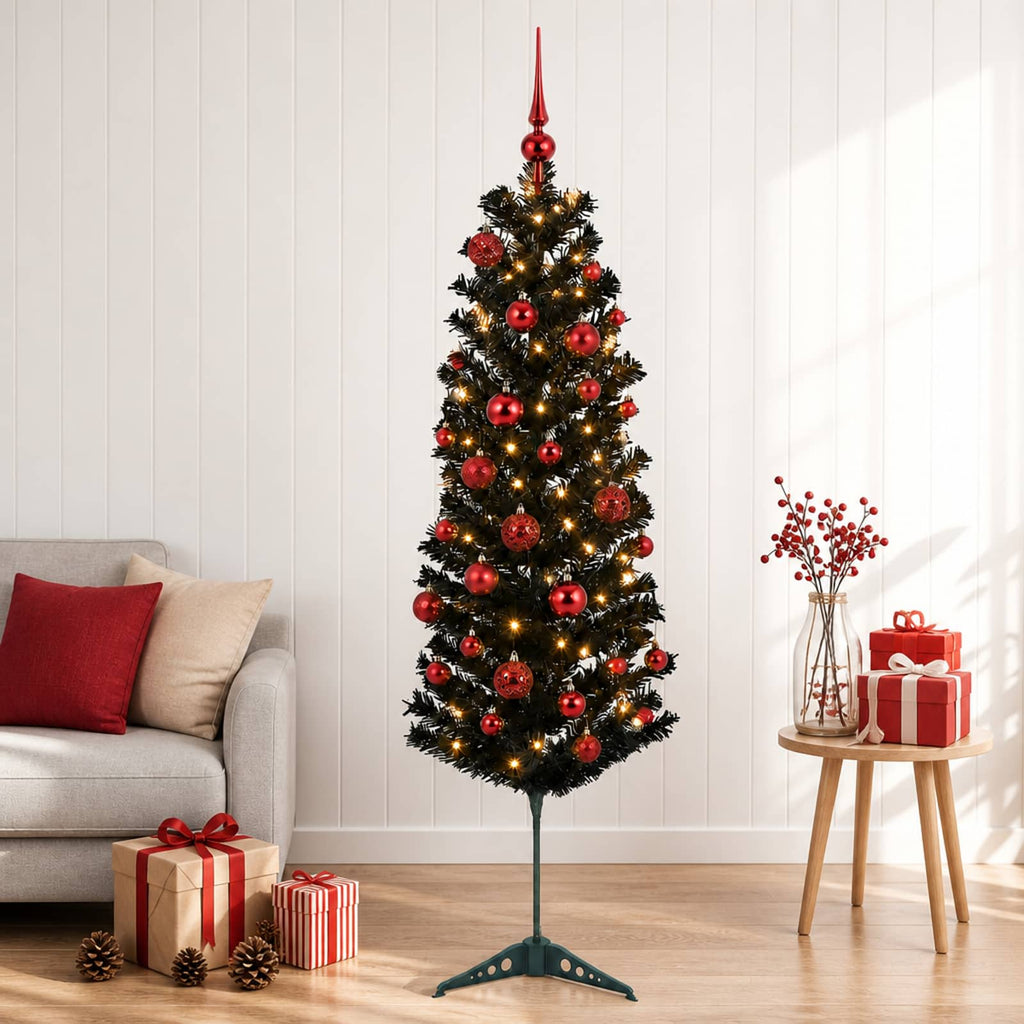 vidaXL Sztuczna wąska choinka z bombkami 150 cm 150 LED Ciepła biel