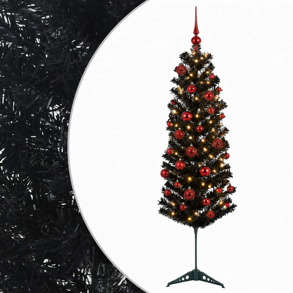 vidaXL Sztuczna wąska choinka z bombkami 150 cm 150 LED Ciepła biel