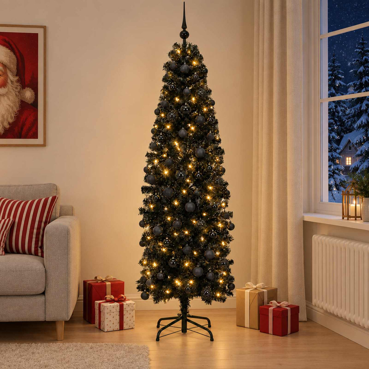 vidaXL Sztuczna wąska choinka z bombkami 210 cm 300 LED Ciepła biel