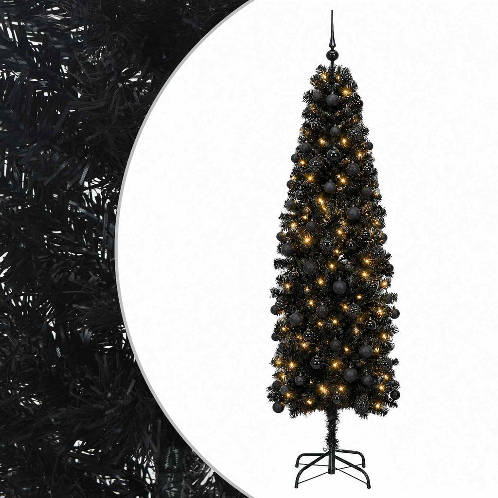 vidaXL Sztuczna wąska choinka z bombkami 210 cm 300 LED Ciepła biel