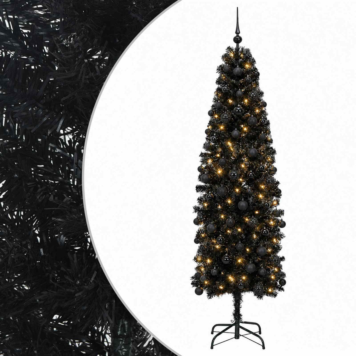vidaXL Sztuczna wąska choinka z bombkami 210 cm 300 LED Ciepła biel