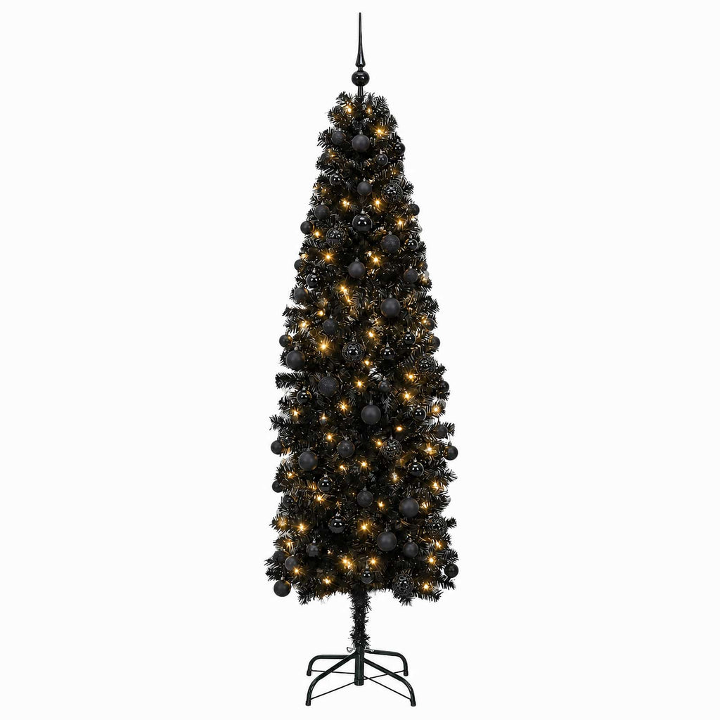 vidaXL Sztuczna wąska choinka z bombkami 210 cm 300 LED Ciepła biel