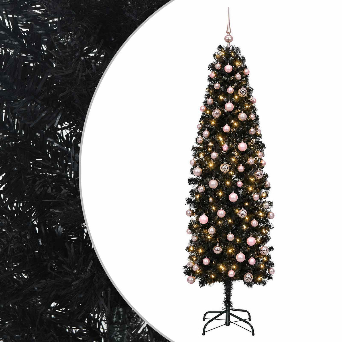 vidaXL Sztuczna wąska choinka z bombkami 210 cm 300 LED Ciepła biel