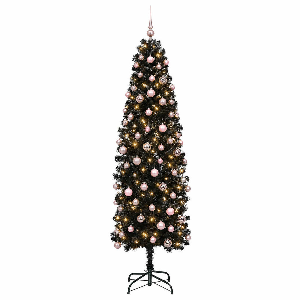 vidaXL Sztuczna wąska choinka z bombkami 210 cm 300 LED Ciepła biel