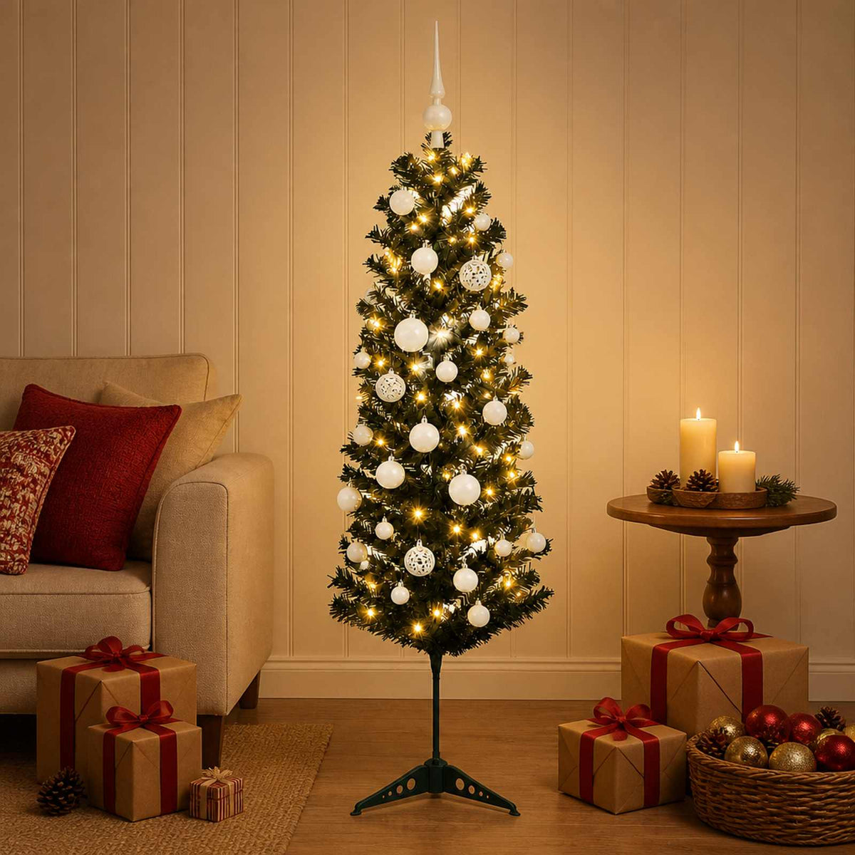 vidaXL Sztuczna wąska choinka z bombkami 150 cm 150 LED Ciepła biel