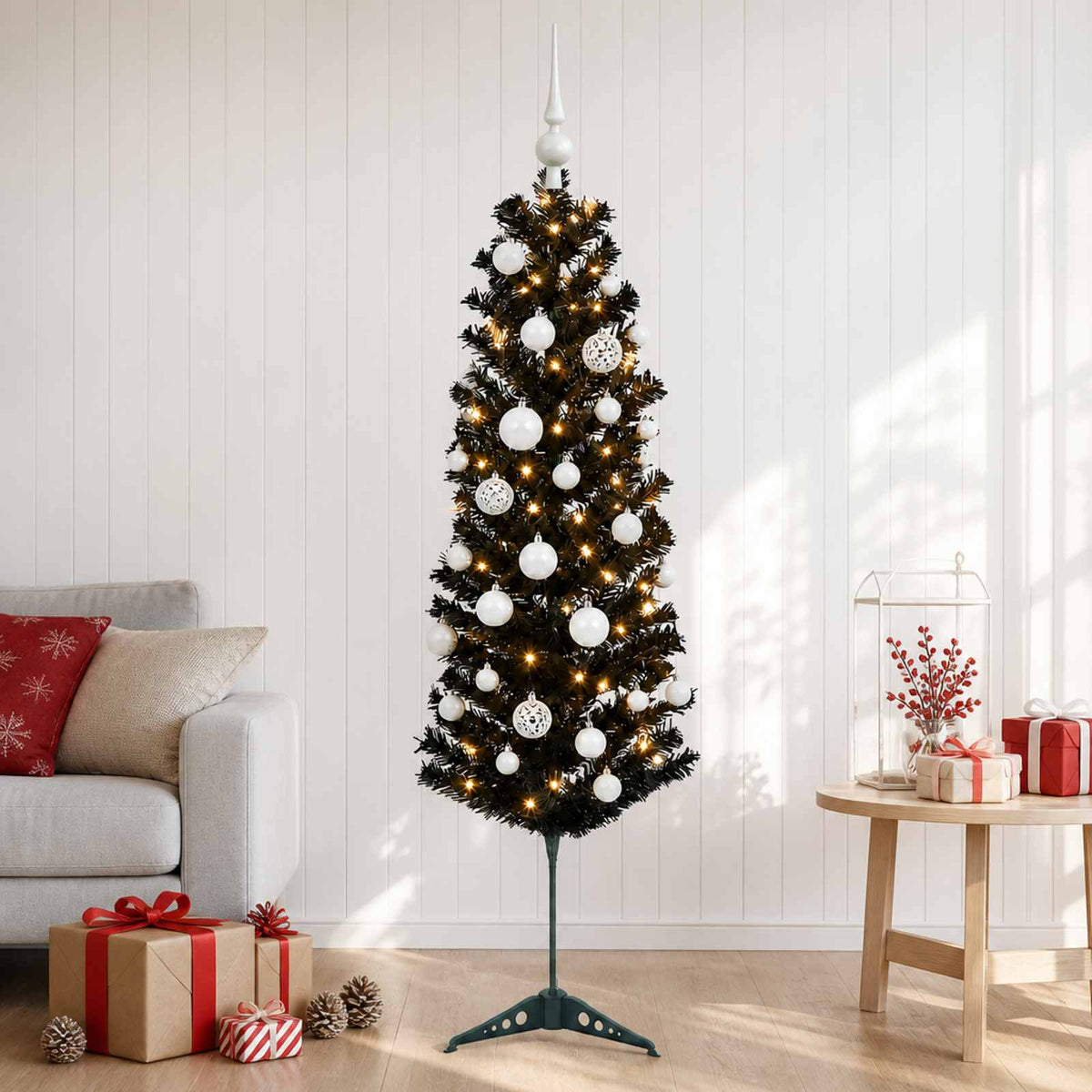 vidaXL Sztuczna wąska choinka z bombkami 150 cm 150 LED Ciepła biel