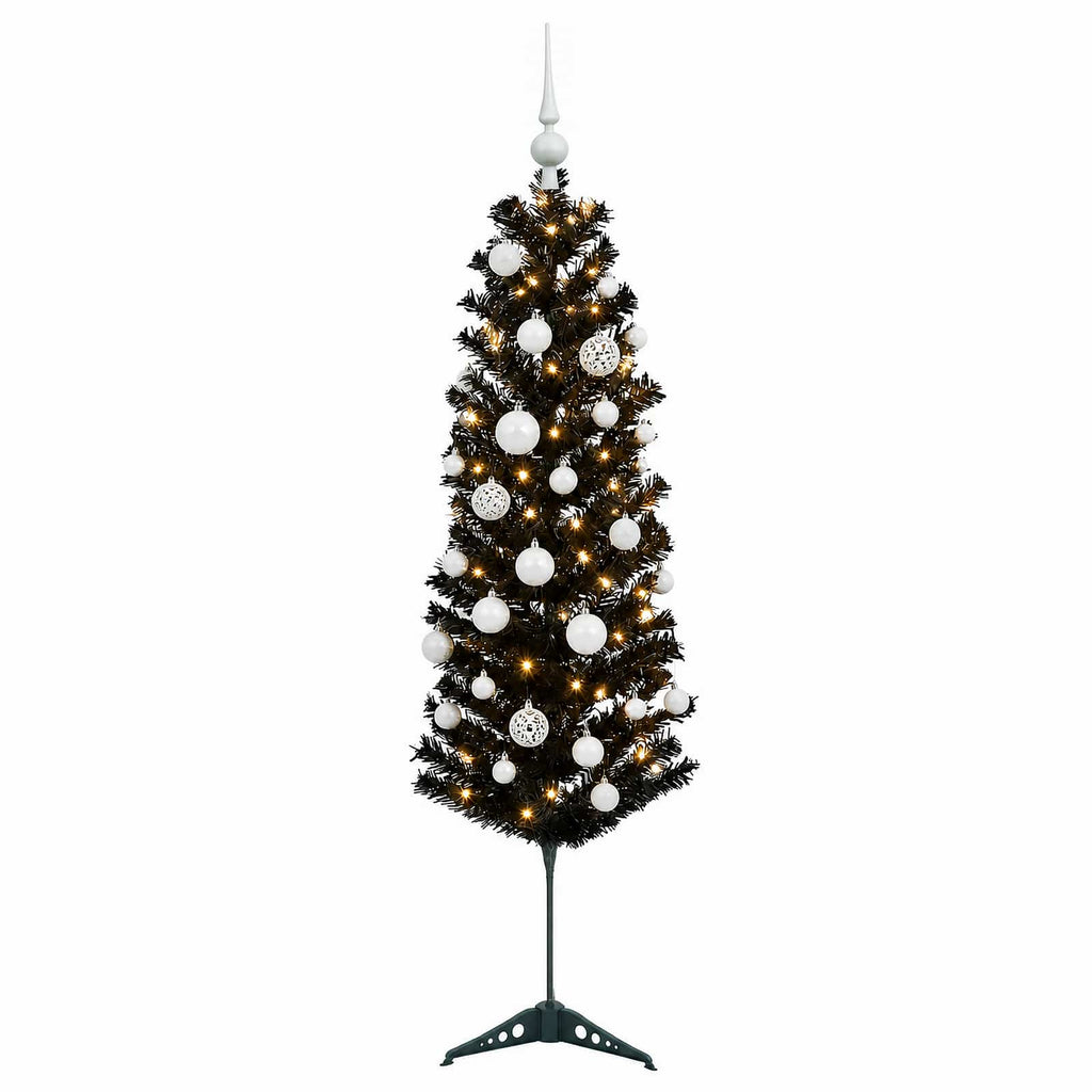 vidaXL Sztuczna wąska choinka z bombkami 150 cm 150 LED Ciepła biel
