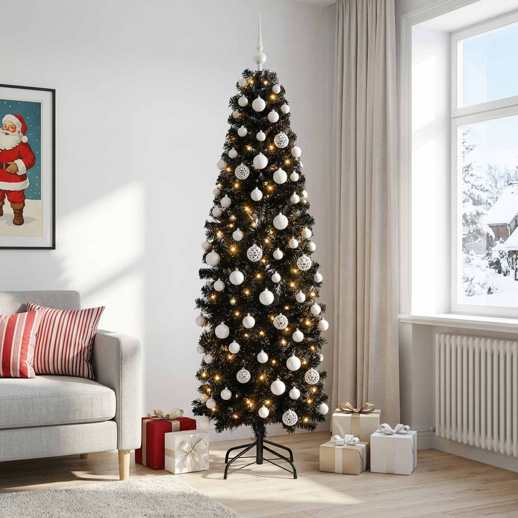 vidaXL Sztuczna wąska choinka z bombkami 210 cm 300 LED Ciepła biel