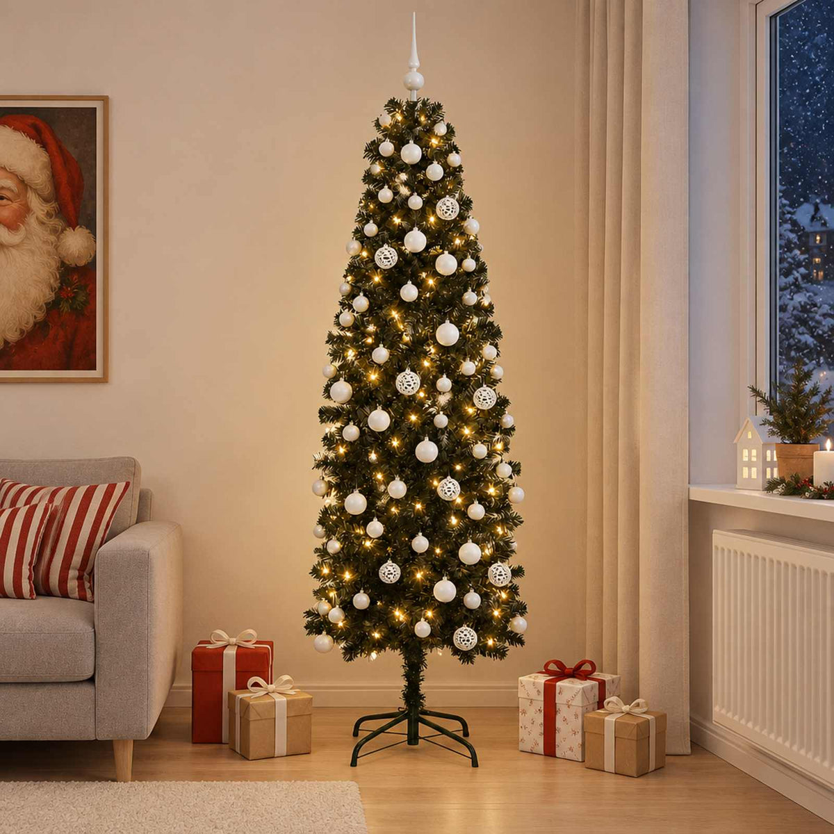 vidaXL Sztuczna wąska choinka z bombkami 210 cm 300 LED Ciepła biel