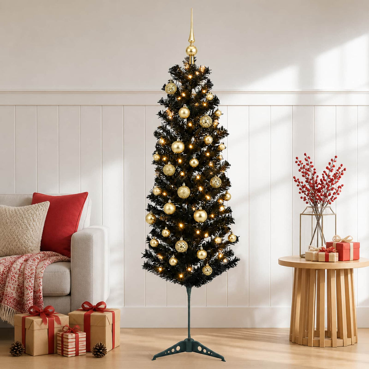 vidaXL Sztuczna wąska choinka z bombkami 150 cm 150 LED Ciepła biel
