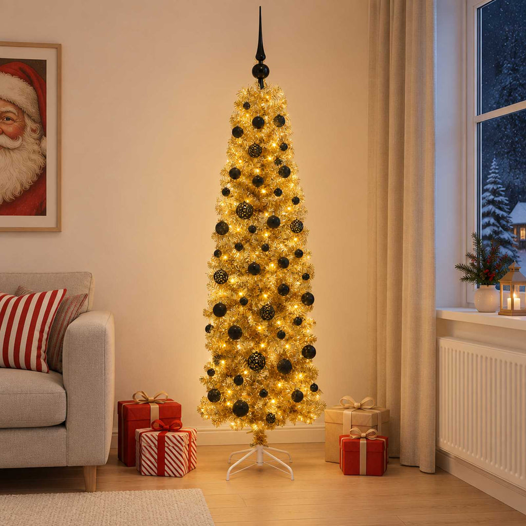 vidaXL Sztuczna smukła choinka świąteczna z bombkami 180 cm 300 LED