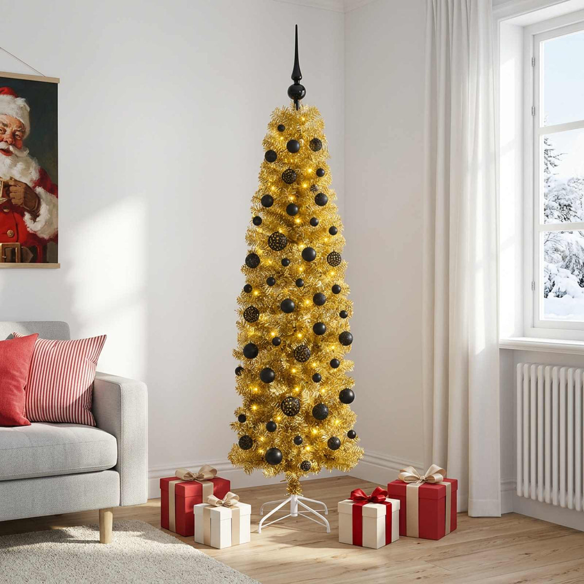 vidaXL Sztuczna smukła choinka świąteczna z bombkami 180 cm 300 LED