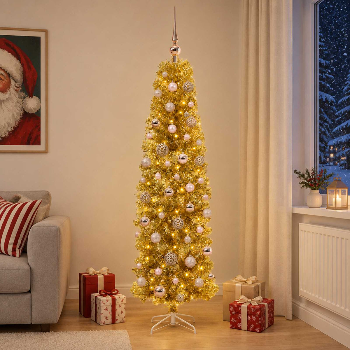 vidaXL Sztuczna smukła choinka świąteczna z bombkami 180 cm 300 LED