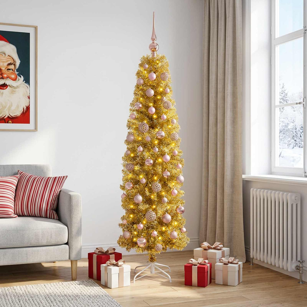 vidaXL Sztuczna smukła choinka świąteczna z bombkami 180 cm 300 LED
