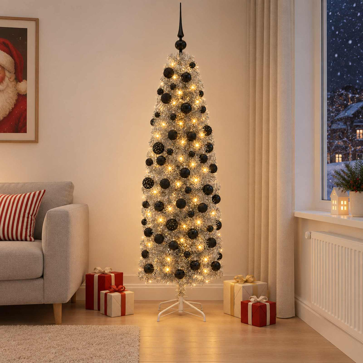vidaXL Sztuczna wąska choinka z bombkami 180 cm 300 LED Ciepła biel