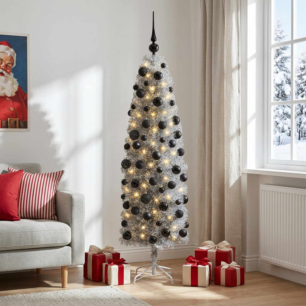 vidaXL Sztuczna wąska choinka z bombkami 180 cm 300 LED Ciepła biel